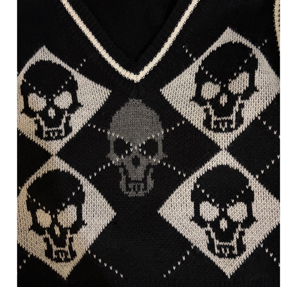 Rock n Doll Skull Argyle Cropped Sweater Vest Small Black Gothic Y2K Knit Top - Picture 6 of 7